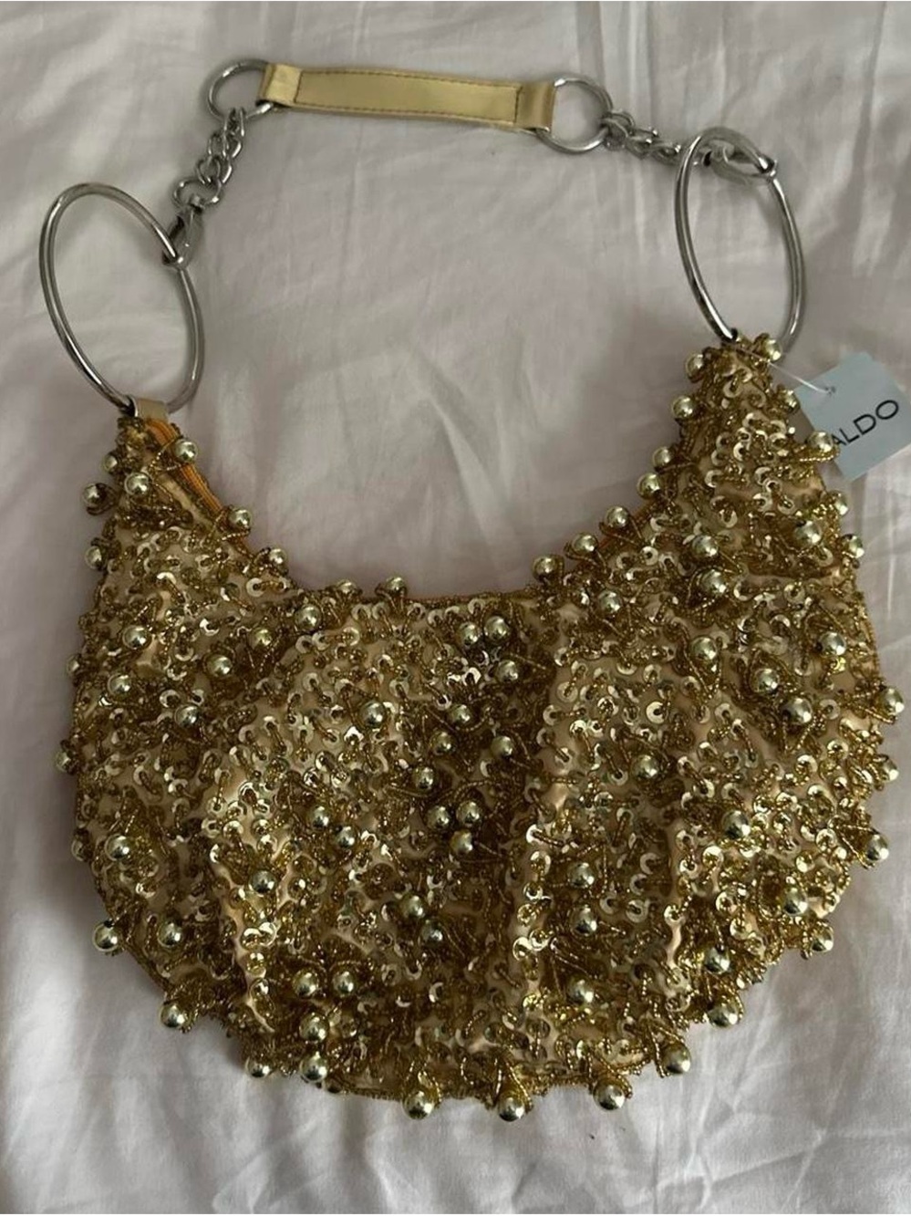 ALDO Gold Beaded Sequin Shoulder Bag with Ring Handles